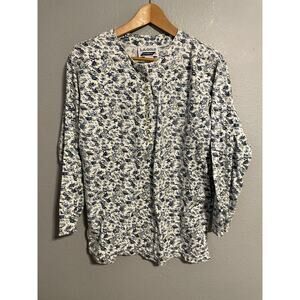 L.A. Gold Top Womens Large White Blue Floral Henley Long Sleeve Cottagecore 90s